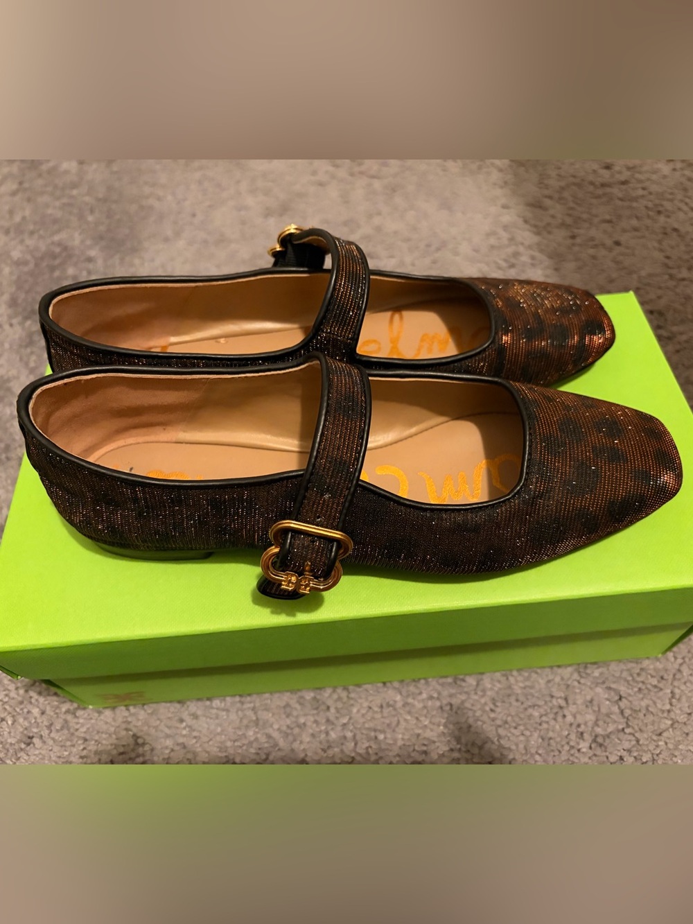 Sam Edelman Brown Shimmery Mary Jane Flats with Gold Buckle